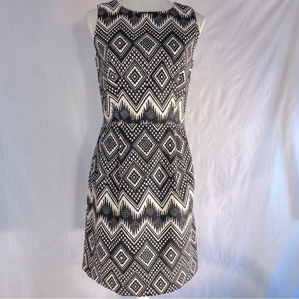 J. Crew Black & Cream Diamond Ikat Print Sleeveless Textured Cotton Dress 4 👍